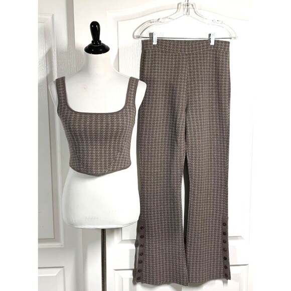Naadam Set Wool & Cashmere Brown Houndstooth Sweater Flare Pants Corset Top Sz M - Picture 1 of 16